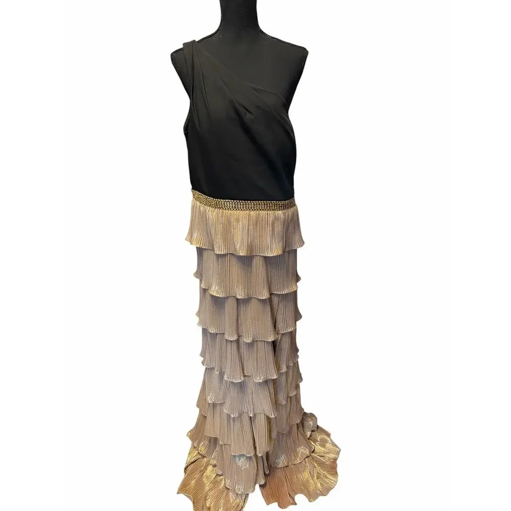 IENA for Mac Duggal One Shoulder Tiered Metallic Gown Size 14 - Picture 4 of 9